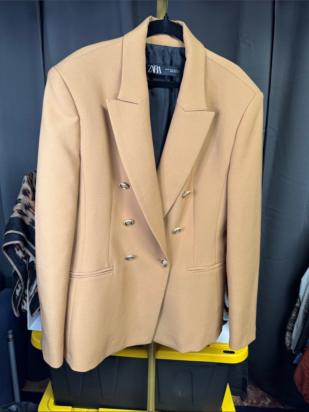 Zara Double-Breasted Tan Blazer with Gold Buttons